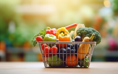 Shopping basket containing fresh foods with blurry background isolated for supermarket grocery, food and eating