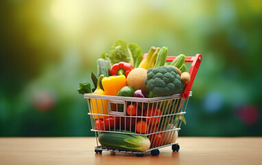 Shopping basket containing fresh foods with blurry background isolated for supermarket grocery, food and eating.