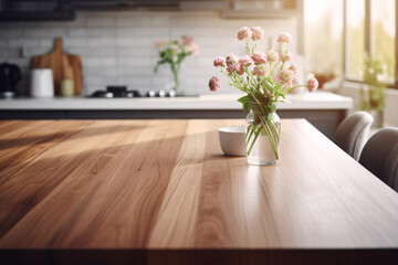 Empty Wooden Table with Blurred Modern Kitchen in the Background