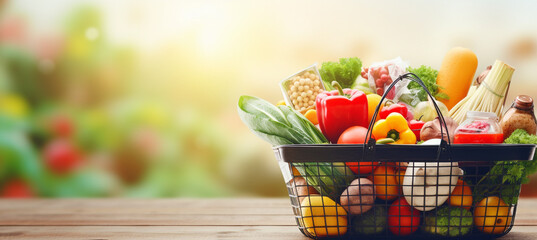 Shopping basket containing fresh foods with blurry background isolated for supermarket grocery, food and eating. - obrazy, fototapety, plakaty