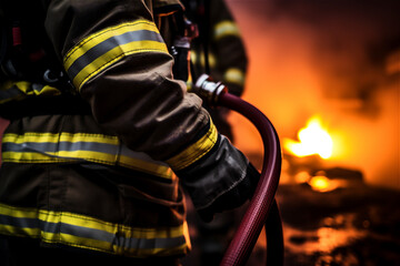 Fototapeta na wymiar Firefighter holding fire hose