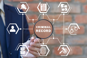 Man using magnifying glass and virtual touch interface sees inscription: CRIMINAL RECORD. Concept...