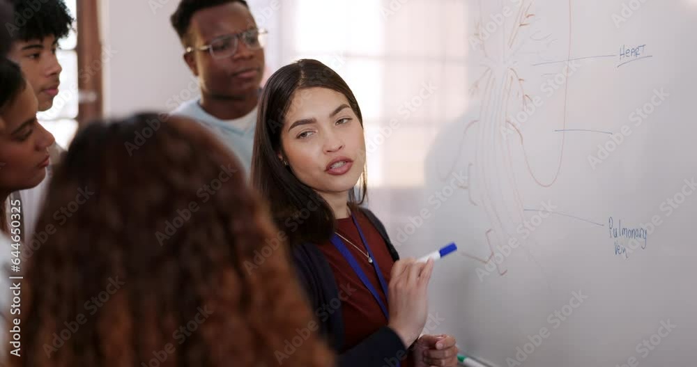 Aufkleber whiteboard, teaching and professor with students in a university, lecture or classroom with informat