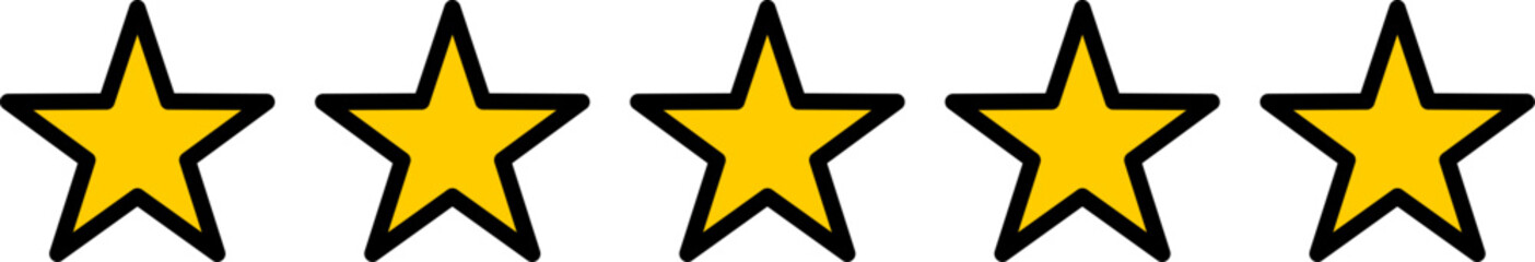 Golden Yellow Five 5 Stars Icon Product Quality Review Symbol. Vector Image.