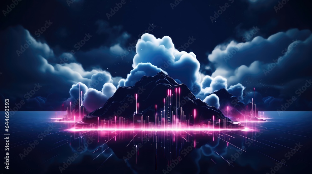 Poster Abstract futuristic background with neon geometric shape and stormy cloud on night sky.