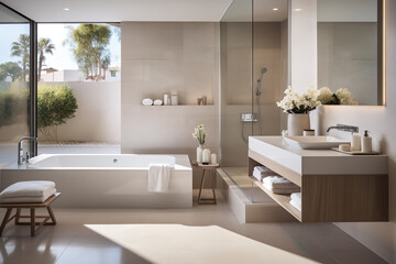 Fototapeta na wymiar Beige bathroom interior with sink and mirror, bathtub, flowers. Bathing accessories and window in hotel studio, Generative AI