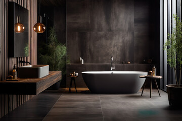 Stylish luxury black bathroom with black stone tile, bathtub, plant, Generative AI