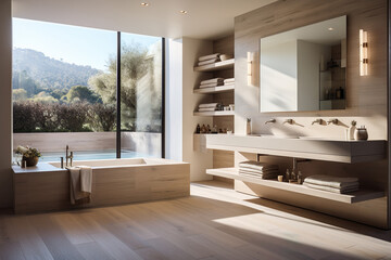 Modern bathroom interior with beige walls, bathtub and wooden floor. Minimalist beige bathroom with modern furniture. Generative AI