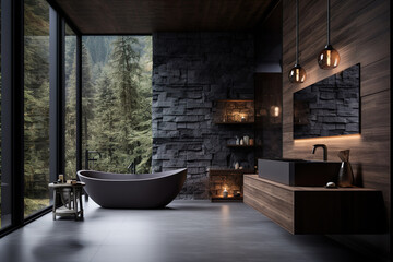 Dark stylish interior bathroom with stone wall and panoramic forest view, Generative AI