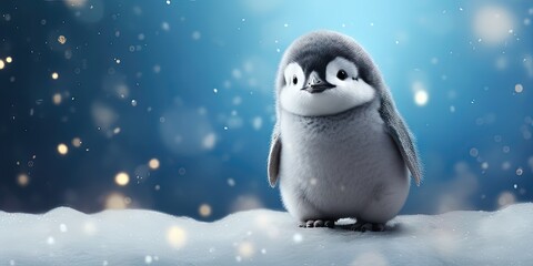 Kawaii Baby Penguin 3D rendered Computer generated image with a snowy winter scene new for Winter 2023. Windy snowstorm and frosty blizzard keeps this cute animal chilly