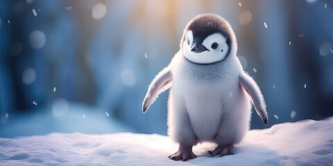 Kawaii Baby Penguin 3D rendered Computer generated image with a snowy winter scene new for Winter 2023. Windy snowstorm and frosty blizzard keeps this cute animal chilly