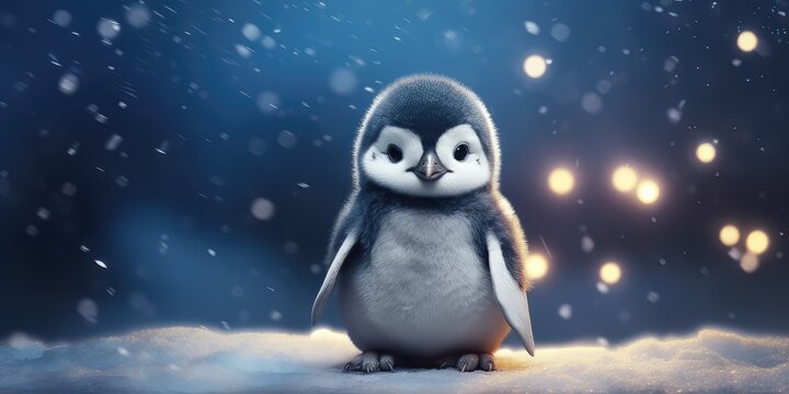 Kawaii Baby Penguin 3D rendered Computer generated image with a snowy winter scene new for Winter 2023. Windy snowstorm and frosty blizzard keeps this cute animal chilly