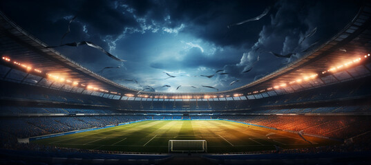 Soccer football stadium with floodlights - obrazy, fototapety, plakaty