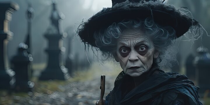 creepy and ghoulish elderly woman hanging out in the graveyard on a foggy evening