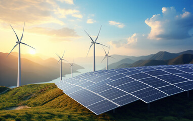 Solar panel with wind turbines against mountains and sky