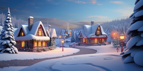Generative AI 3D rendered winter snow scene cold and serene new for winter 2023. Santa's Village in the North Pole with a full moon over it at night. Beautiful and scenic idyllic Christmas village - obrazy, fototapety, plakaty