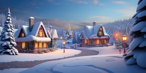 Fotobehang Generative AI 3D rendered winter snow scene cold and serene new for winter 2023. Santa's Village in the North Pole with a full moon over it at night. Beautiful and scenic idyllic Christmas village © Brian