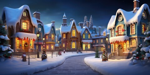 Generative AI 3D rendered winter snow scene cold and serene new for winter 2023. Santa's Village in the North Pole with a full moon over it at night. Beautiful and scenic idyllic Christmas village