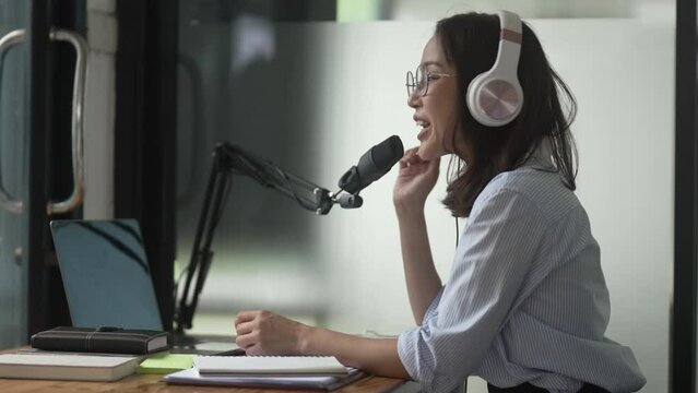 Podcast radio host recoding live broadcasting stream entertainment.