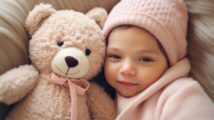 Newborn baby girl with a teddy bear, Cute baby.