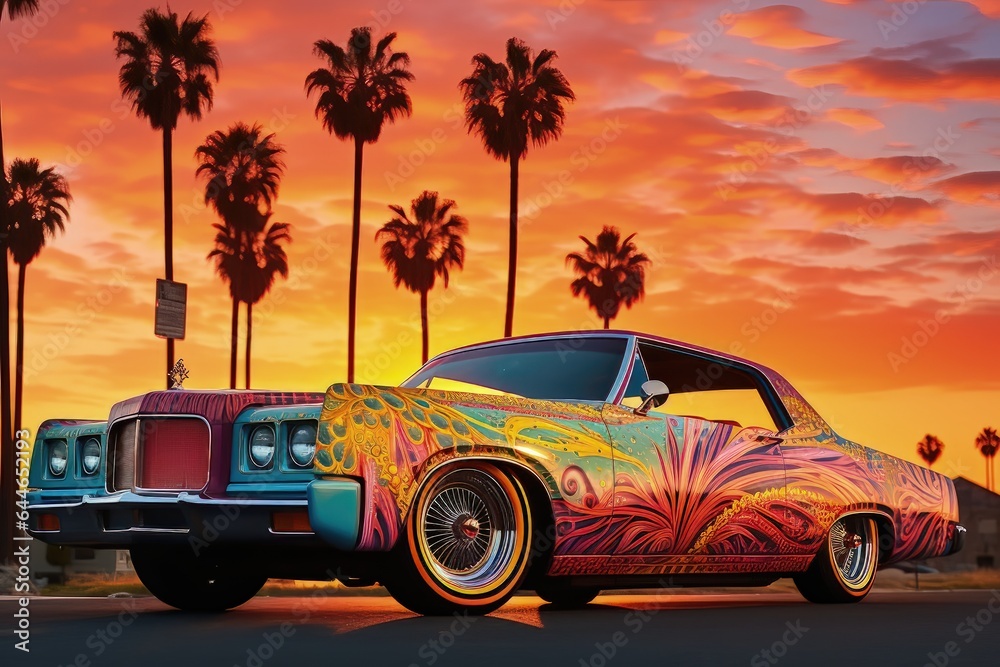 Wall mural a colorful image of a colorful lowrider car in the sunset