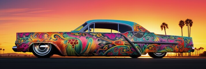 a colorful image of a colorful lowrider car in the sunset