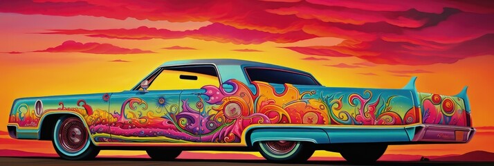 a colorful image of a colorful lowrider car in the sunset