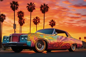 a colorful image of a colorful lowrider car in the sunset