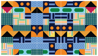 Seamless African pattern with geometric elements in retro memphis style. Tribal vector ornament. Ethnic carpet with chevrons. Aztec style. Ancient interiors. Modern rugs. 