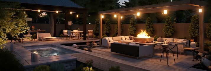 Modern back patio - garden and backyard with seating and place to entertain and cook lit up at night