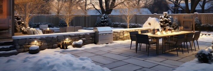 Modern back patio - garden and backyard with seating and place to entertain and cook during the winter snow - obrazy, fototapety, plakaty