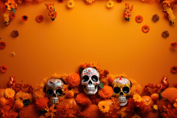 Offering of Skulls on the dia de los muertos in a World of Butterflies, frame, copy space