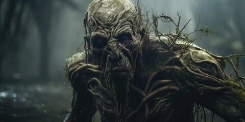creepy zombie arising from the waters of a dreadful swamp
