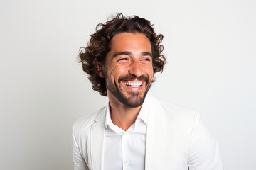 smiling friendly and happy latino man (male model) posing against a studio background