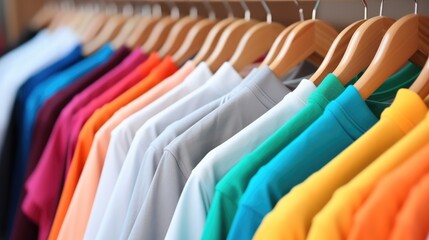 Colorful t-shirts on hangers, Apparel cloth background.