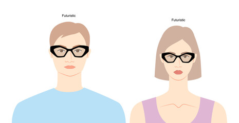 Obraz premium Futuristic frame glasses on women and men flat character fashion accessory illustration. Sunglass front view unisex silhouette style, rim eyeglasses, lens sketch outline isolated on white background