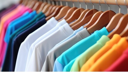 Multi-colored polo shirts hanging on a rack in a store.