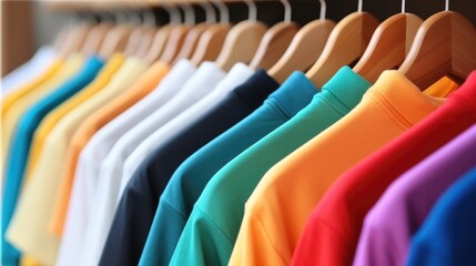 Fototapeta premium Colorful t-shirts on hangers, Apparel cloth background.