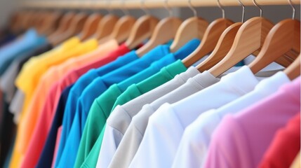 Multi-colored polo shirts hanging on a rack in a store.