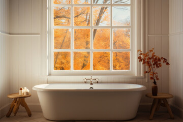  A farm house bathroom illuminated by the gentle light of a cloudy autumn day. The light filters...