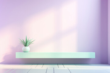 A serene cyberpunk gentle light background with a pastel color palette. Soft lavender and mint green hues dominate the scene, while delicate shadows from the window fall on a smooth, chromeplated