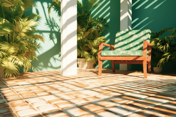 Fototapeta premium A summerinspired background, showcasing a retrofuturistic patio. The gentle light filters through a wooden pergola, casting intricate shadows on a mosaictiled floor. The color
