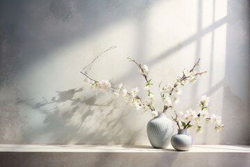 As spring blossoms outside the window, a concrete background in pale pastel hues becomes the canvas for showcasing a product. The gentle daylight filters through the window, accentuating