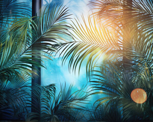 Fototapeta na wymiar A luxurious summerthemed background with a mix of vibrant blues and greens. The sunlight dances through the window, casting intricate shadows of palm leaves, contributing to an exotic