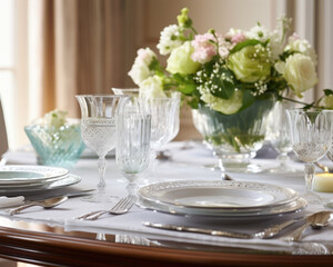 A beautifully set dining table, adorned with elegant glassware, silverware, and a centerpiece of fresh flowers. The grange gentle light background enhances the sophistication of the presentation,