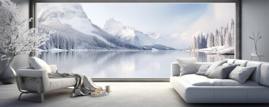 A majestic winter landscape with snowcapped mountains and an expansive frozen lake. The soft light from the window accentuates the intricate details of the products, highlighting their