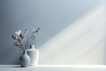 In this scene, a minimalist abstract background features subtle shades of blue and gray. The soft light filtering through the window creates intricate shadows, adding depth and sophistication
