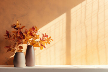 This minimalistic abstract background captures the essence of fall. The window bathes the room in warm golden light, casting enchanting shadows on the textured autumn leaves wallpaper.