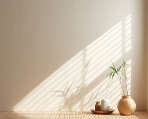  A minimalistic abstract background in neutral, earthy tones, creating a serene and calming ambiance. The gentle light pours through bamboo blinds, casting faint, linear