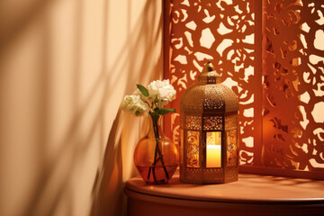 A cozy and inviting background in a warm, terracotta shade, accented by a glimpse of golden sunlight filtering through a halfclosed window. The intricate shadow patterns bring a sense
